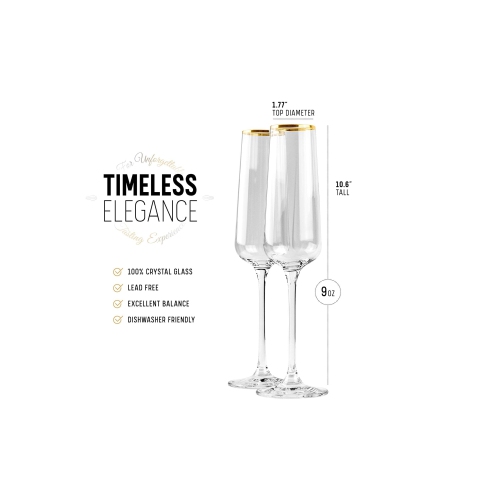 Gold Rim Champagne Gift Glasses | Set of 2 | Crystal Square Toasting Flutes for Bride and Groom, Wedding, Anniversary, B