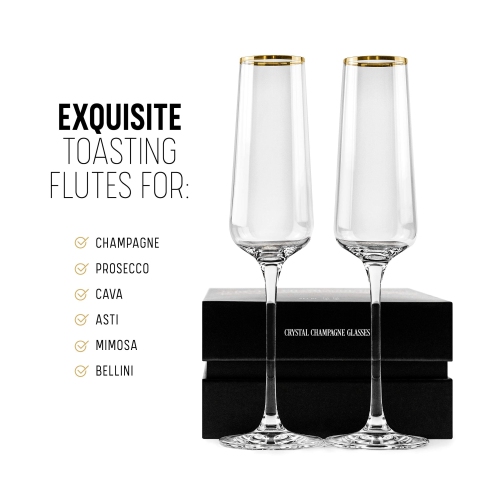 Gold Rim Champagne Gift Glasses | Set of 2 | Crystal Square Toasting Flutes for Bride and Groom, Wedding, Anniversary, B