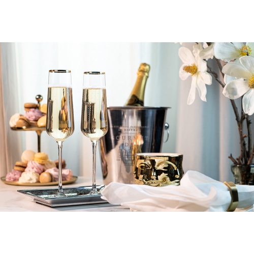 Gold Rim Champagne Gift Glasses | Set of 2 | Crystal Square Toasting Flutes for Bride and Groom, Wedding, Anniversary, B