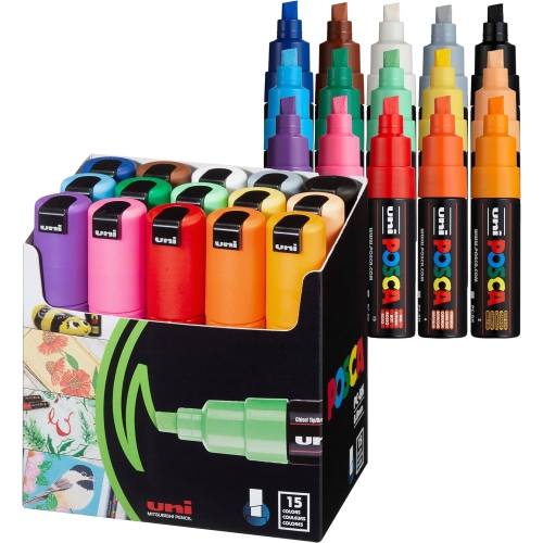 15 marqueurs de peinture Posca, marqueurs de couleur larges 8K avec pointes ciseaux larges, ensemble de stylos de peinture acrylique pour fournitures