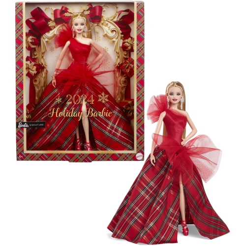 Barbie Signature Doll, 2024 Holiday Barbie Blonde Fashion Doll Wearing Gown with Plaid Skirt, Seasonal Collector Gift in