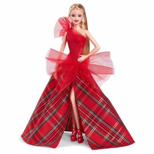 Barbie Signature Doll, 2024 Holiday Barbie Blonde Fashion Doll Wearing Gown with Plaid Skirt, Seasonal Collector Gift in