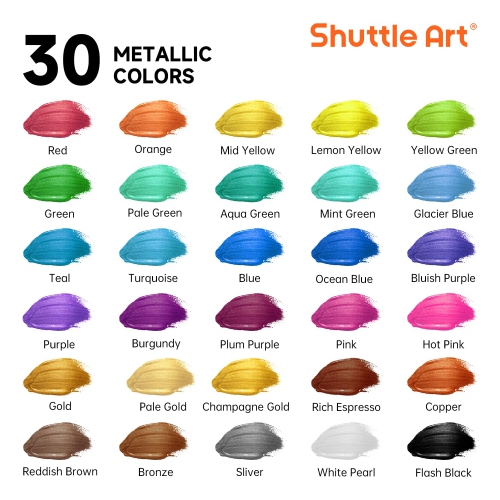 Navette Art 30 couleurs Peinture acrylique métallisé, peinture acrylique métallique avec 10 pinceaux et 1 palette, 60 ml/2 oz, pigme riche