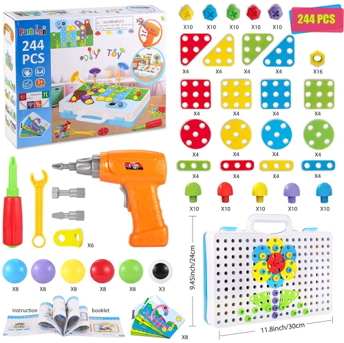 Parhlen Educational Toys Building Blocks, 244 Pieces Electric Screwdriver DIY Building Toys for Both Boys and Girls, Edu