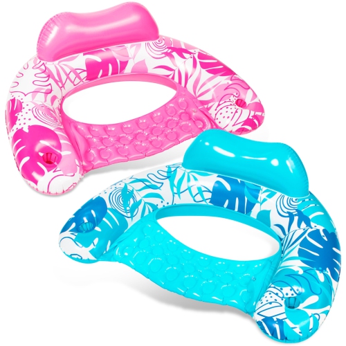 Sloosh Inflatable Pool Floats Adult, 2 Pack Pool Chairs with Cup Holders, Blow up Floating Pool Floats Chair, Pool Float