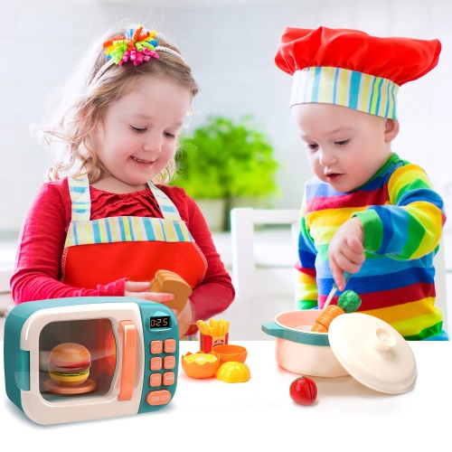 CUTE STONE Kids Play Kitchen Set, Pretend Play Microwave Toys, Kitchen Oven with Play Food, Play Cookwares Toy Pot and P