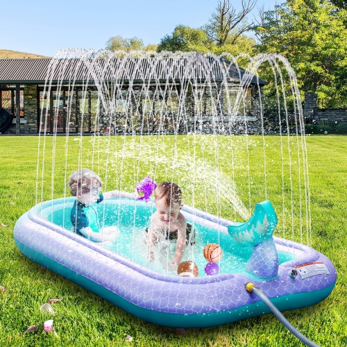 68" Sprinkler & Splash Pad for Kids, Large Outdoor Sprinklers Play Mat Summer Water Play Toys Pool Inflatable Mermaid Sp
