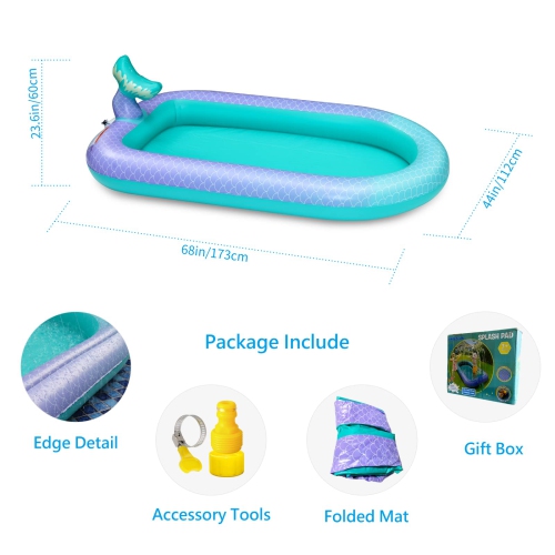 68" Sprinkler & Splash Pad for Kids, Large Outdoor Sprinklers Play Mat Summer Water Play Toys Pool Inflatable Mermaid Sp