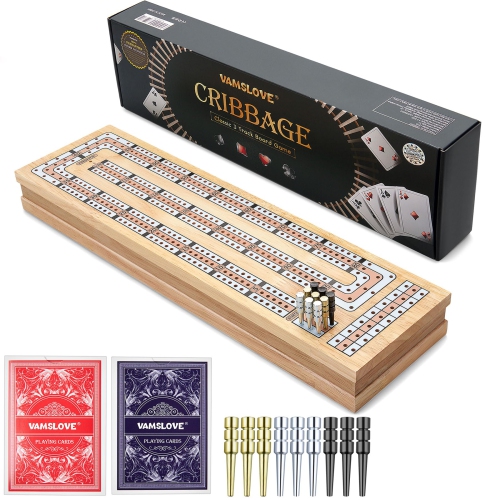 VAMSLOVE – Ensemble de jeu magnétique de cribbage 15&nbsp;po en bois pliable 3 pistes, avec instructions, emplacements de rangement pour 2 cartes de