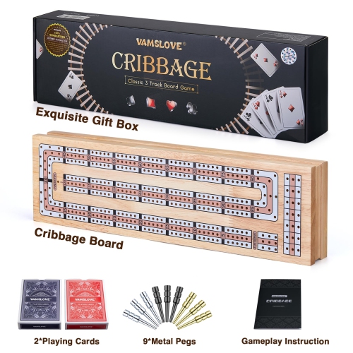 VAMSLOVE – Ensemble de jeu magnétique de cribbage 15 po en bois pliable 3 pistes, avec instructions, emplacements de rangement pour 2 cartes de