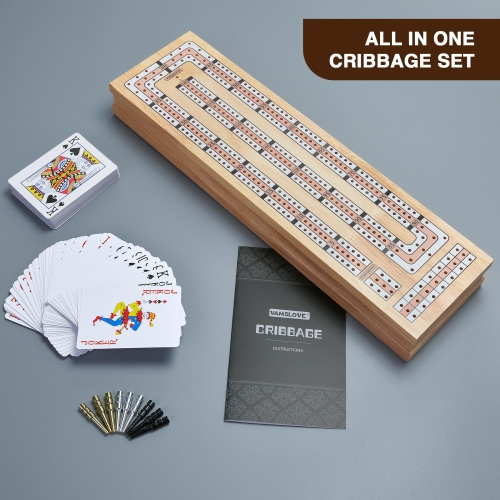 VAMSLOVE – Ensemble de jeu magnétique de cribbage 15 po en bois pliable 3 pistes, avec instructions, emplacements de rangement pour 2 cartes de