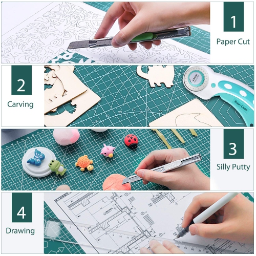 Miuzei Self-Healing Cutting Mat with Rotary Cutter, A3 Crafting Cutting Board, 3-Layer PVC Double Sided Mat with 45mm Fa