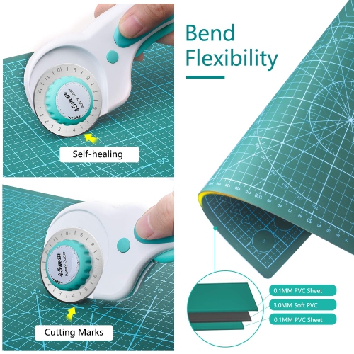 Miuzei Self-Healing Cutting Mat with Rotary Cutter, A3 Crafting Cutting Board, 3-Layer PVC Double Sided Mat with 45mm Fa