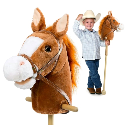 HOLLYHOME  Stick Horse Plush Handcrafted Hobby Horse On A Stick With Wood Wheels Real Pony Neighing And Galloping Sounds