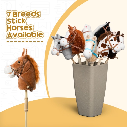 HollyHOME Stick Horse Plush Handcrafted Hobby Horse on a Stick with Wood Wheels Real Pony Neighing and Galloping Sounds