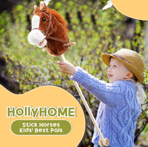 HollyHOME Stick Horse Plush Handcrafted Hobby Horse on a Stick with Wood Wheels Real Pony Neighing and Galloping Sounds