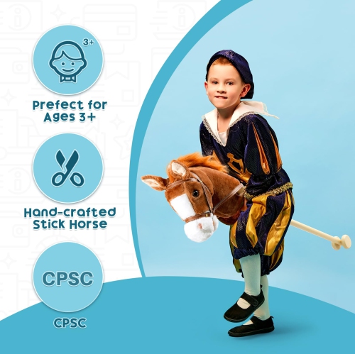 HollyHOME Stick Horse Plush Handcrafted Hobby Horse on a Stick with Wood Wheels Real Pony Neighing and Galloping Sounds