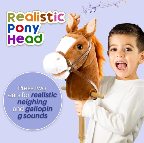 HollyHOME Stick Horse Plush Handcrafted Hobby Horse on a Stick with Wood Wheels Real Pony Neighing and Galloping Sounds