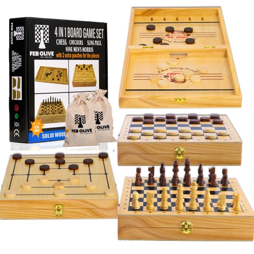 FEB OLIVE  4 In 1 Board Game Set - Extra Large Sling Puck Game Wooden Chess Board Sets, Checkers Board Game for Adults Nine Mens Mo