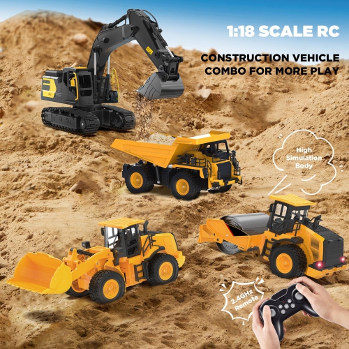 NOKA Remote Control Road Roller Truck Toy for Kids, 1:18 Scale RC Construction Vehicle with 2 Batteries & Lights, 7-Chan