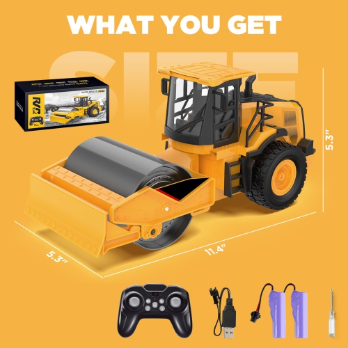 NOKA Remote Control Road Roller Truck Toy for Kids, 1:18 Scale RC Construction Vehicle with 2 Batteries & Lights, 7-Chan
