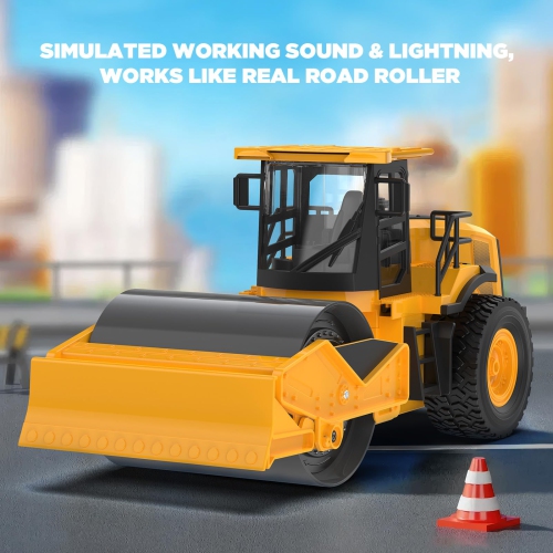 NOKA Remote Control Road Roller Truck Toy for Kids, 1:18 Scale RC Construction Vehicle with 2 Batteries & Lights, 7-Chan