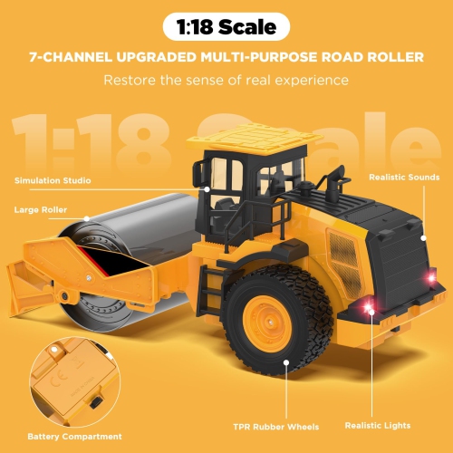 NOKA Remote Control Road Roller Truck Toy for Kids, 1:18 Scale RC Construction Vehicle with 2 Batteries & Lights, 7-Chan