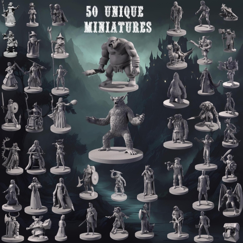 50 Unique Miniatures Fantasy Tabletop RPG Figures for Dungeons and Dragons, Pathfinder Roleplaying Games. Bulk unpainted