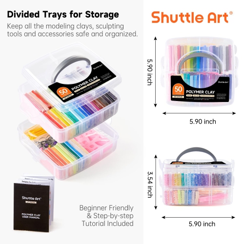 Argile au polymère de Shuttle Art, argile à modeler de cuisson de four à 50 couleurs, trousse d'argile créative avec 19 outils d'argile et 10 types