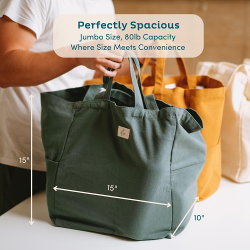 Reusable Grocery Bags - 100% Cotton 12Oz Canvas Grocery Bags with Handles, Large Kitchen Grocery Bags, Reusable Shopping