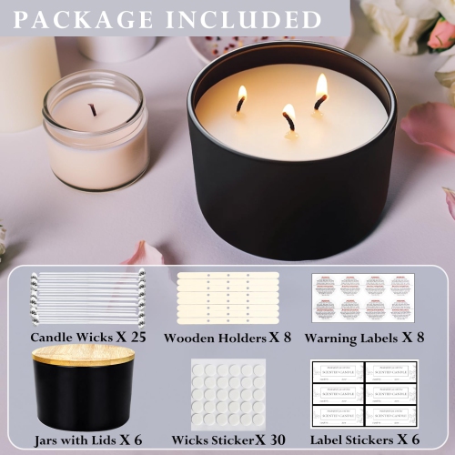 Contenants en vrac pour bougies en verre noir de Connovo 24&nbsp;oz, 6 pots en vrac à mèches multiples et à goulot large pour faire des bougies avec