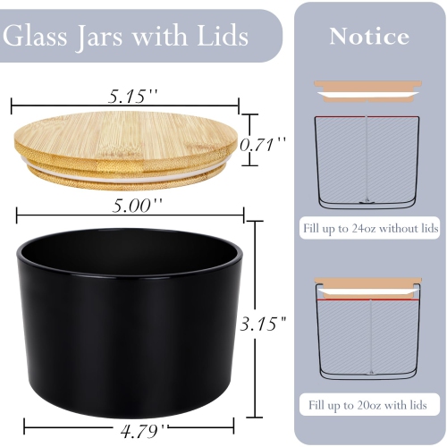 Contenants en vrac pour bougies en verre noir de Connovo 24&nbsp;oz, 6 pots en vrac à mèches multiples et à goulot large pour faire des bougies avec