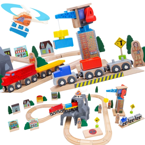 ORBRIUM  Lift And Load Wooden Train Set With Magnetic Crane, Magnetic Helicopter, Large Diesel Engine, Semi-Truck, Shippi