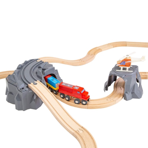 ORBRIUM Lift and Load Wooden Train Set with Magnetic Crane, Magnetic Helicopter, Large Diesel Engine, Semi-Truck, Shippi