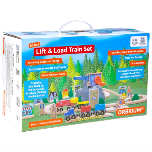 ORBRIUM Lift and Load Wooden Train Set with Magnetic Crane, Magnetic Helicopter, Large Diesel Engine, Semi-Truck, Shippi