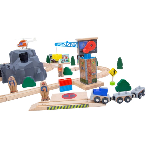 ORBRIUM Lift and Load Wooden Train Set with Magnetic Crane, Magnetic Helicopter, Large Diesel Engine, Semi-Truck, Shippi