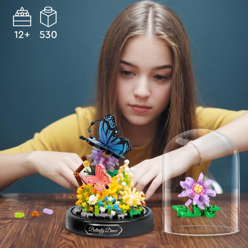 HIGH GODO Flower Bouquet Butterfly Building Set, Bonsai Tree Flowers Building Blocks with Dust Cover, 530 PCS Micro Bric