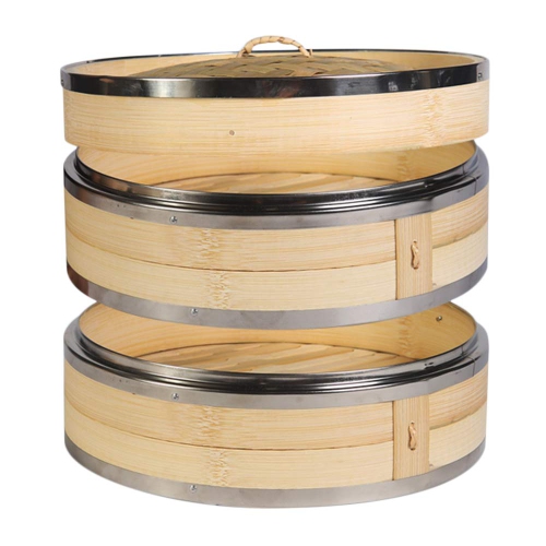 Hcooker 2 Tier Kitchen Bamboo Steamer with Double Stainless Steel Banding for Asian Cooking Buns Dumplings Vegetables Fi