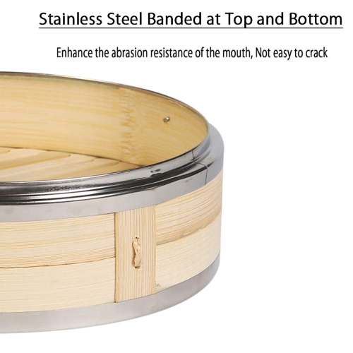Hcooker 2 Tier Kitchen Bamboo Steamer with Double Stainless Steel Banding for Asian Cooking Buns Dumplings Vegetables Fi