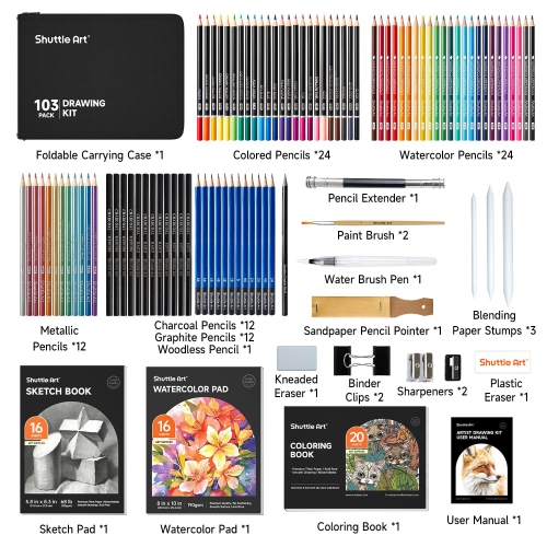 Trousse de dessin Shuttle Art, ensemble de 103 crayons à dessin, ensemble de croquis et de dessin artistique avec crayons de couleur, croquis et GR