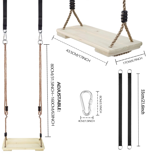 Siège de balançoire KINSPORY, balançoire en bois avec courroies d'arbre, balancoire réglable de 63 po pour le porche en bois pour enfant,