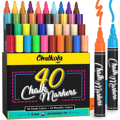 Marqueurs à craie Chalkola - Paquet de 40 stylos à craie - pour tableau noir, tableau noir, fenêtre, étiquettes