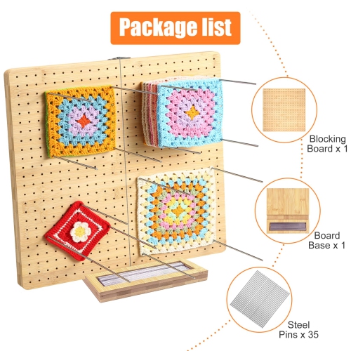 15.5" x 15.5" Foldable Crochet Blocking Board with Pegs | 35 Stainless Steel Rod Pins - Upgrade Large Blocking Boards fo