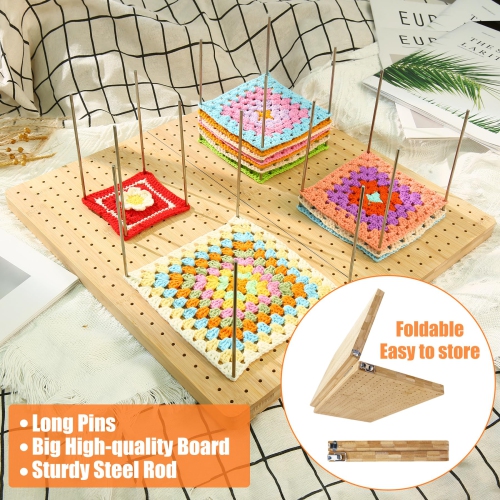 15.5" x 15.5" Foldable Crochet Blocking Board with Pegs | 35 Stainless Steel Rod Pins - Upgrade Large Blocking Boards fo