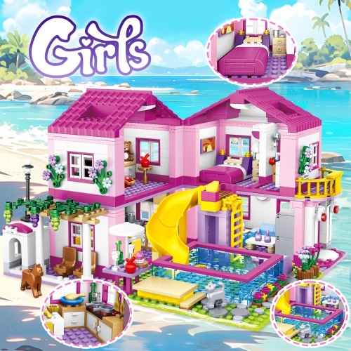 Pink Girls Summer Villa Friends Building Set Compatible with Lego Friends Construction Educational Toy for Kids Age 8-12