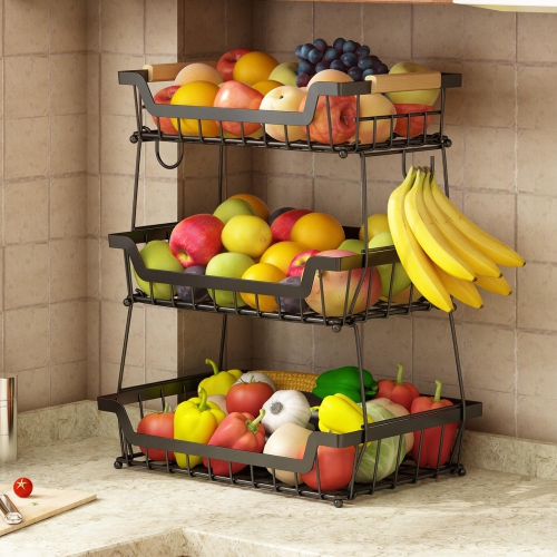 GILLAS 3 Tier Countertop Fruit Basket with 2 Banana Hangers for Kitchen, Detachable Metal Organizer for Bread Vegetable