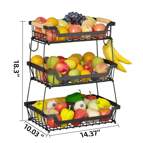 GILLAS 3 Tier Countertop Fruit Basket with 2 Banana Hangers for Kitchen, Detachable Metal Organizer for Bread Vegetable