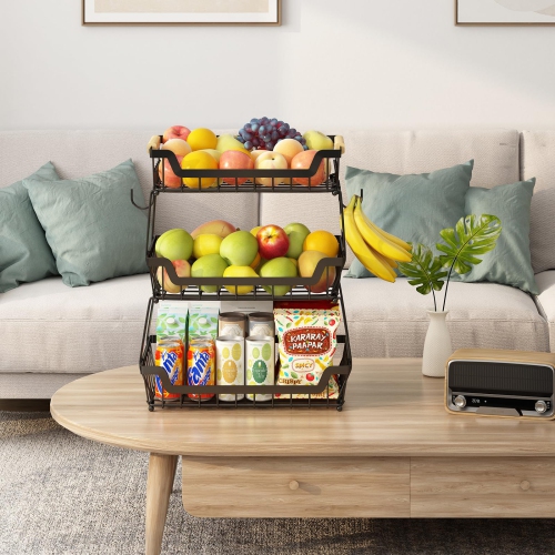 GILLAS 3 Tier Countertop Fruit Basket with 2 Banana Hangers for Kitchen, Detachable Metal Organizer for Bread Vegetable
