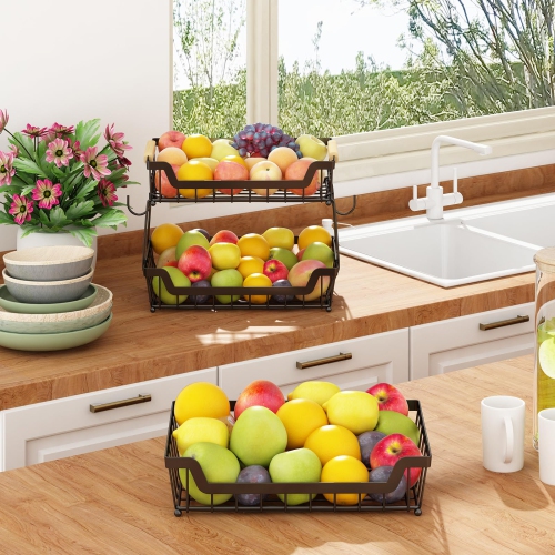 GILLAS 3 Tier Countertop Fruit Basket with 2 Banana Hangers for Kitchen, Detachable Metal Organizer for Bread Vegetable