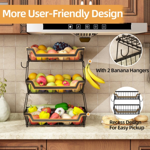GILLAS 3 Tier Countertop Fruit Basket with 2 Banana Hangers for Kitchen, Detachable Metal Organizer for Bread Vegetable